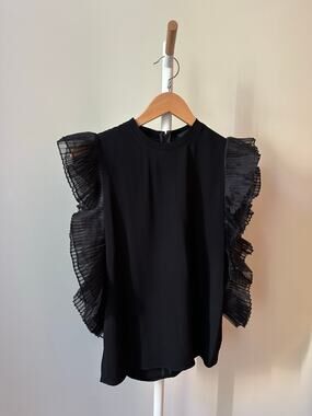 Co Black Top with Pleated Ruffle Detail, Size XS